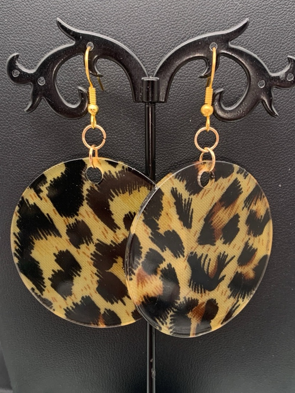 Leopard Print Round Dangle pierced Earrings - Gold and Brown lightweight